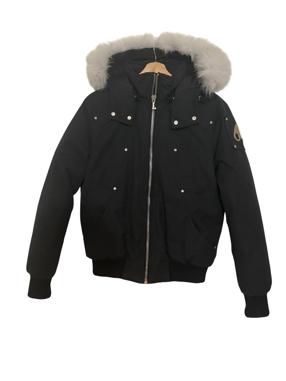 Moose Knuckles Black Puffer Jacket with Light Fur-Trim Hood